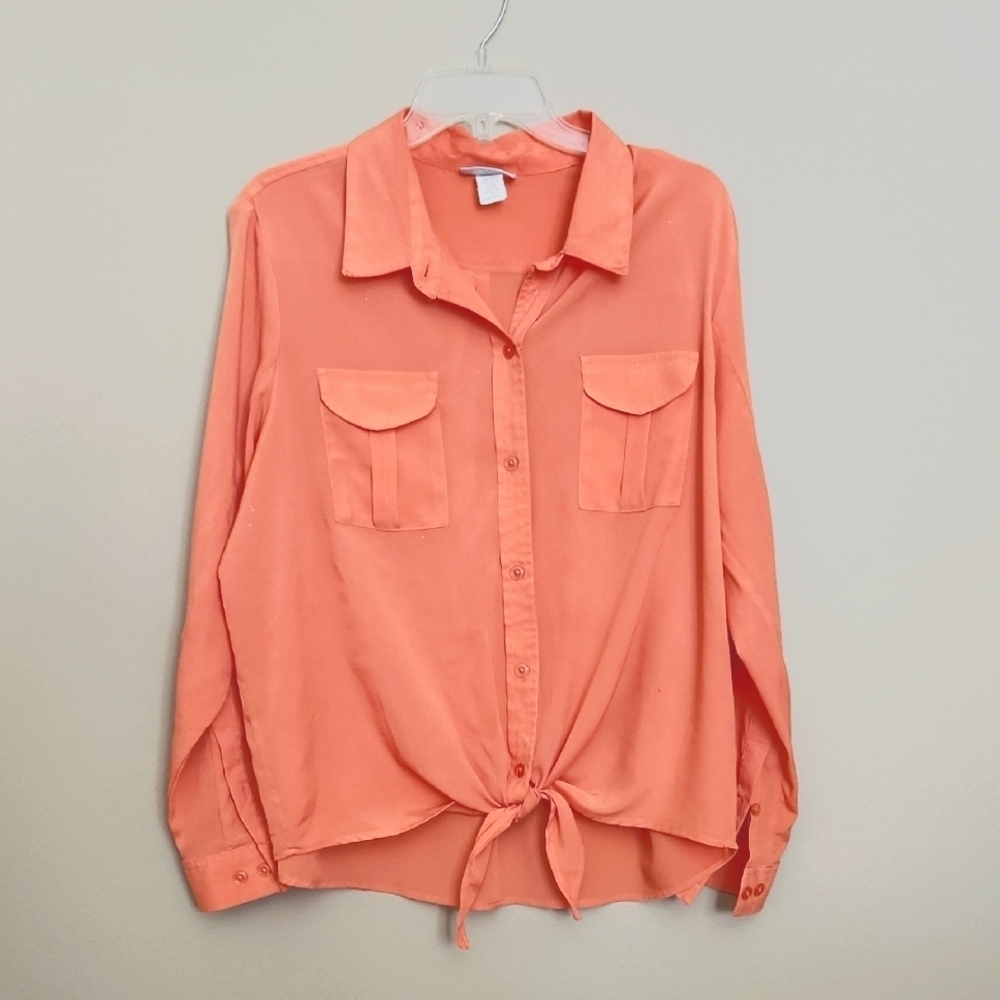 Blair Woman's Long Sleeve Blouse With Breast Pockets And Front Tie. Sz XL